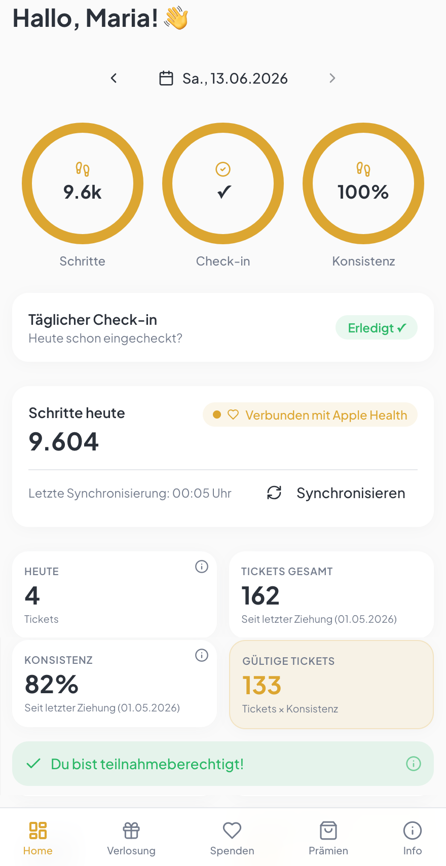 MoveMillion App – Vorschau des Home-Screens mit Schritten, Check-in und Tickets